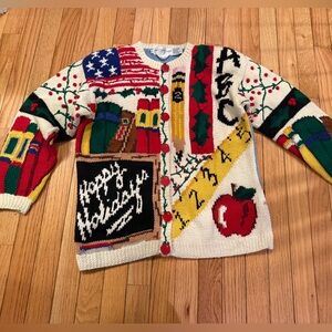 VTG RARE The Eagles Eye Teacher Colorful Holiday Themed Cardigan Teachercore